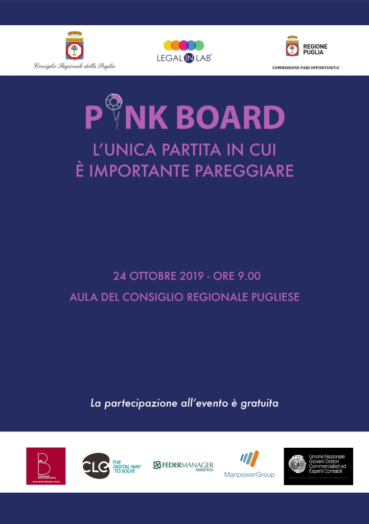 Brochure progetto Pink Board Commissione Pari Opportunita Regione Puglia 2019