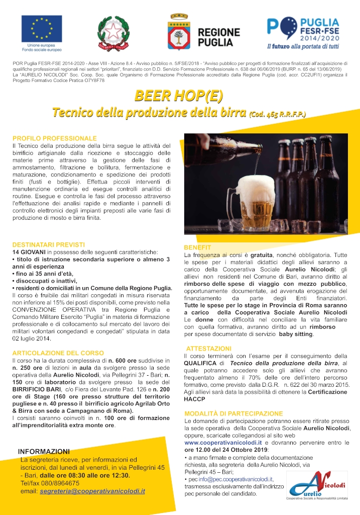 Manifesto Beer Hop(e) Tecnico della produzione della birra Cooperativa Sociale Aurelio Nicolodi 2019