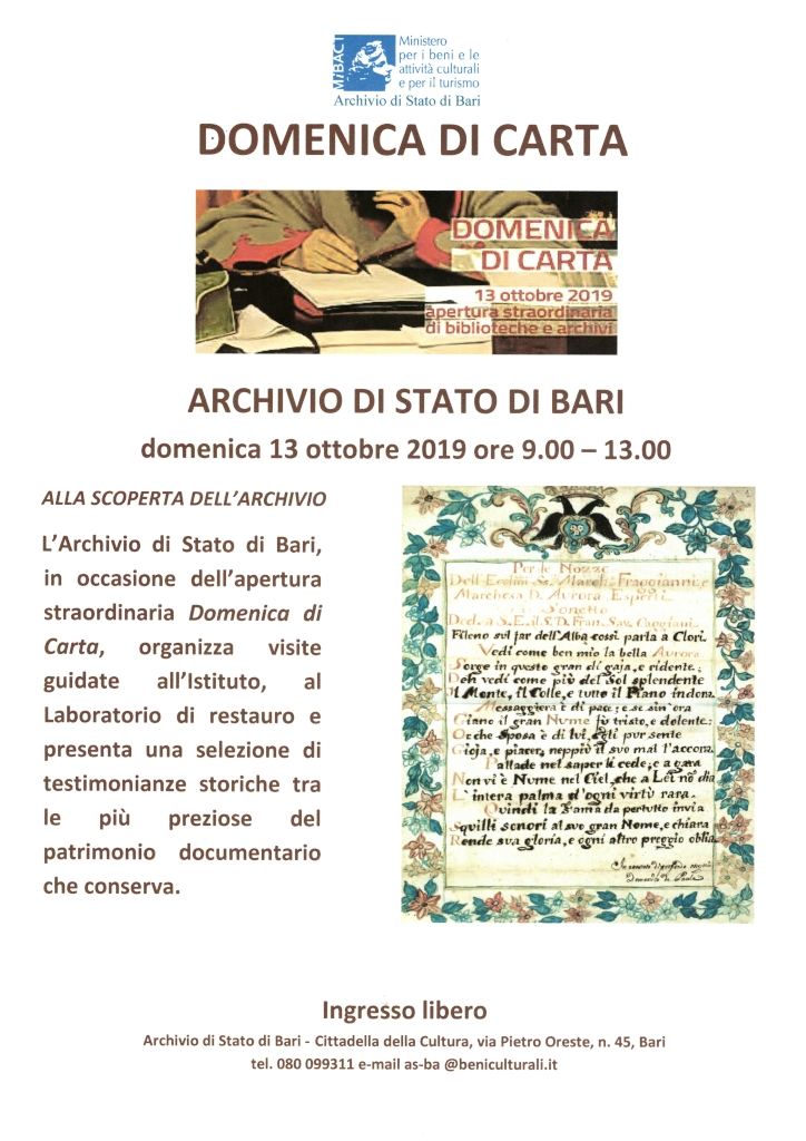 locandina Domenica di Carta - Archivio di Stato di Bari ottobre 2019 1024