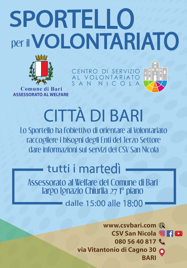 locandina Sportello per il Volontariato Bari CSVSN 2019