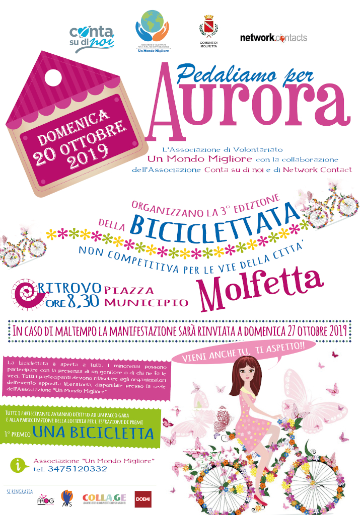locandina terza biciclettata solidale Pedaliamo per Aurora ottobre 2019