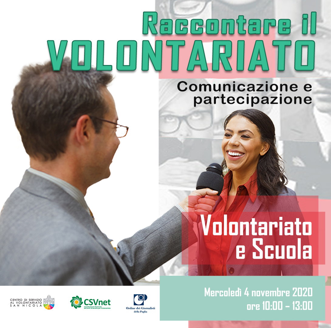 Banner Volontariato e Scuola - Raccontare il Volontariato - Comunicazione e partecipazione - CSV San Nicola CSVnet Ordine dei Giornalisti della Puglia
