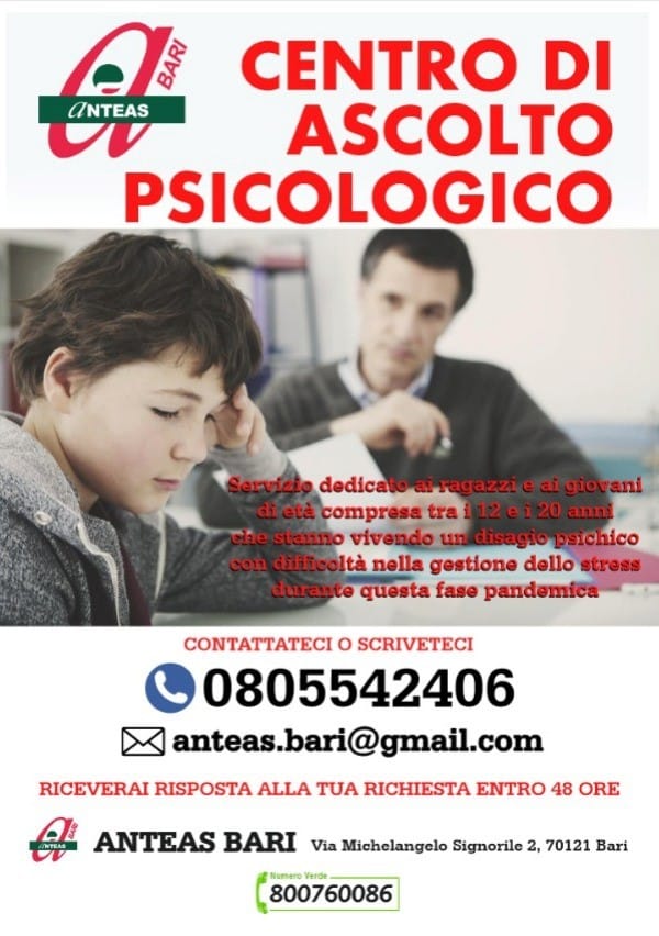 Locandina Centro di ascolto psicologico per giovani Anteas Bari