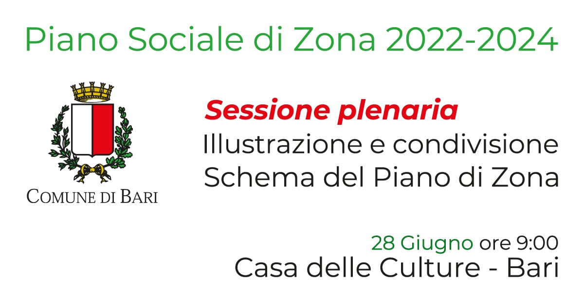 Banner Piano Sociale Zona Bari Sessione plenaria Illustrazione e condivisione Schema del Piano di Zona