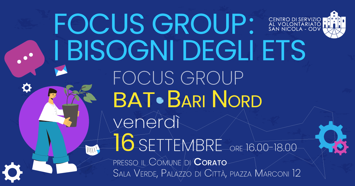 Banner Focus Group BAT Bari Nord bisogni enti Terzo settore CSV San Nicola