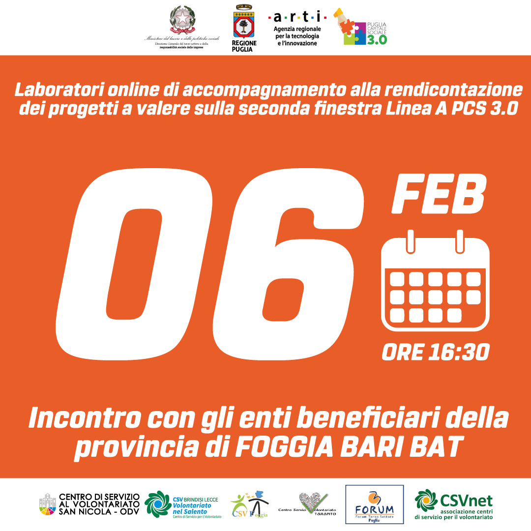 6 febbraio Laboratori on line per gli enti beneficiari seconda finestra Linea A di Puglia Capitale Sociale 3.0