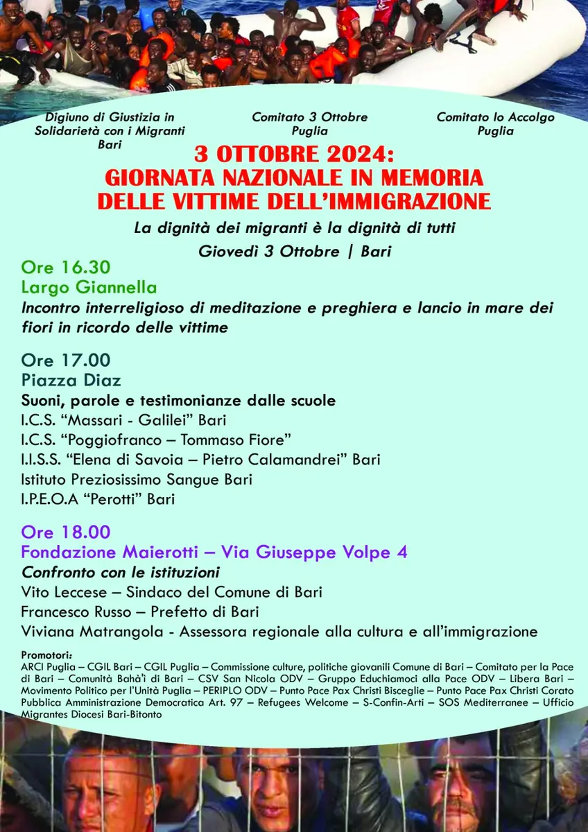 Giovedì 3 Ottobre 2024, Digiuno di Giustizia in Solidarietà con i Migranti Bari, Comitato 3 Ottobre Puglia e Comitato Io Accolgo Puglia organizzano a Bari la Giornata nazionale in memoria delle vittime dell'immigrazione: la dignità dei migranti è la dignità di tutti. L’evento vuole ricordare le vittime dei tragici naufragi e promuovere una riflessione sulla dignità dei migranti.