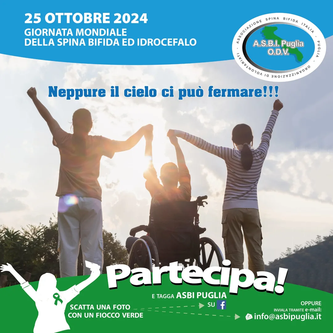 Venerdì 25 Ottobre 2024, in occasione della Giornata Mondiale della Spina Bifida e Idrocefalo, ASBI Puglia - OdV (Associazione Spina Bifida Italia Puglia - OdV) rinnova il suo impegno nella sensibilizzazione e nel supporto delle persone affette da queste condizioni. Tutti i cittadini sono invitati a partecipare, indossando un fiocchetto verde e condividendo foto sui social, taggando la pagina Facebook @asbipuglia o inviandole via e-mail a info@asbipuglia.it. Ogni scatto sarà un simbolo di sostegno e una testimonianza di vicinanza verso chi affronta quotidianamente le sfide legate a queste condizioni.