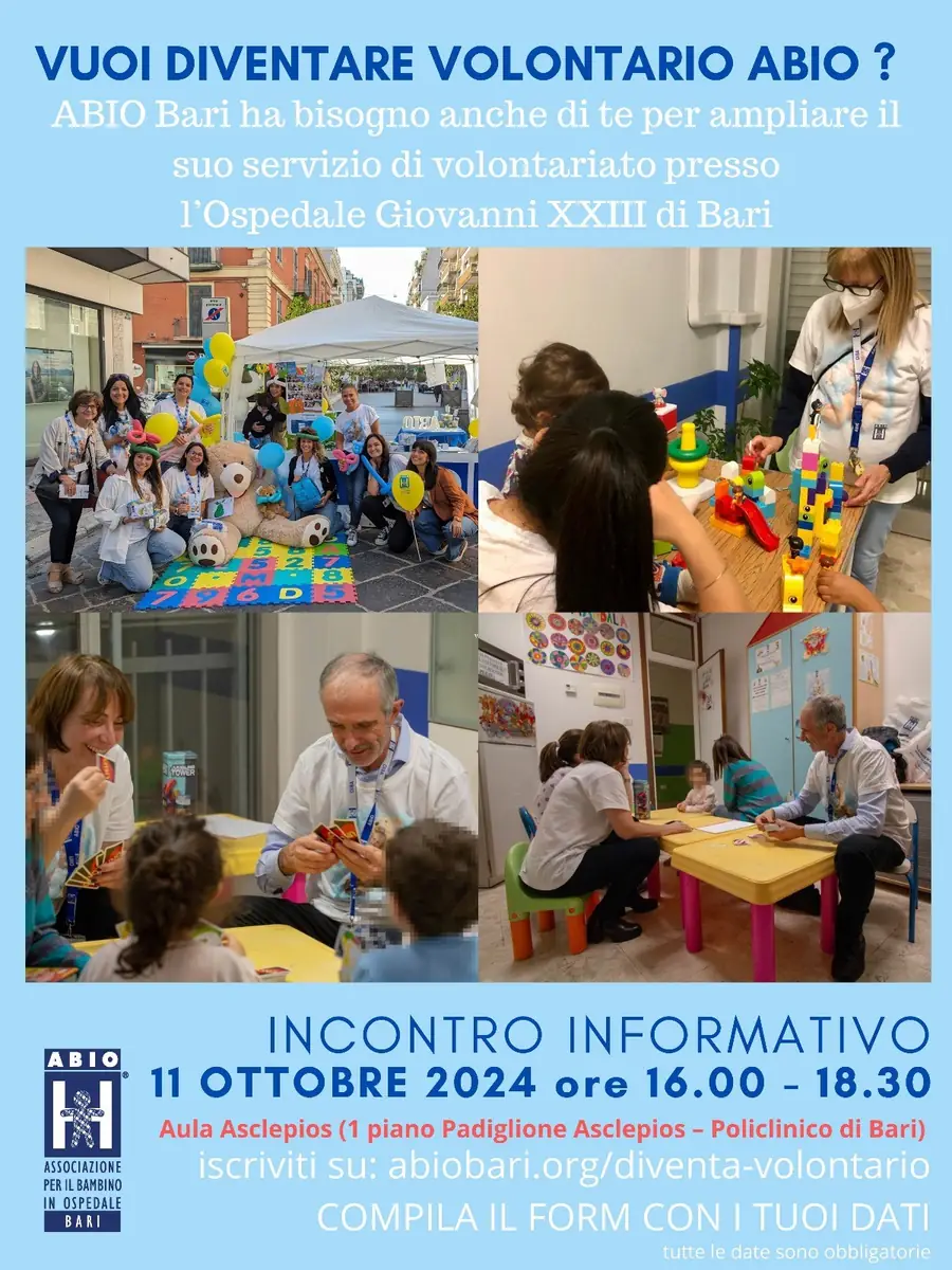 Abio Bari OdV diventa volontario volontaria Venerdì 11 Ottobre 2024 dalle 16:00 alle 18:30, ABIO Bari OdV propone un “Incontro informativo per diventare volontario dell’Associazione per il Bambino In Ospedale” presso l’Aula Asclepios al primo piano del Padiglione Asclepios del Policlinico di Bari.