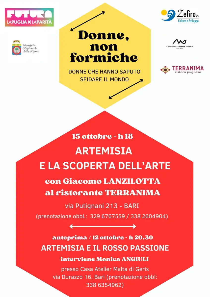 Zefiro APS prosegue il progetto “Donne, non formiche” con due eventi dedicati alla pittrice Artemisia Gentileschi. sabato 12 Ottobre ore 20:30 - Casa Atelier “Malta di Geris” via Durazzo 16 Bari Artemisia e il rosso passione Tra un sapore e l’altro, l’artista Maria Pierno presenterà la storia e i colori di Artemisia. Interverrà l’attrice Monica Angiuli. Ingresso gratuito fino a esaurimento posti Prenotazione obbligatoria tramite WhatsApp: 338 63 54 962. martedì 15 Ottobre ore 18:00 - ristorante Terranima in via Putignani 213 a Bari Artemisia e la scoperta dell'arte con il critico e storico dell’arte Giacomo Lanzilotta. Durante l’incontro verrà offerta una degustazione. Ingresso gratuito fino a esaurimento posti Prenotazione obbligatoria tramite WhatsApp: 329 67 67 559 - 338 26 04 904.