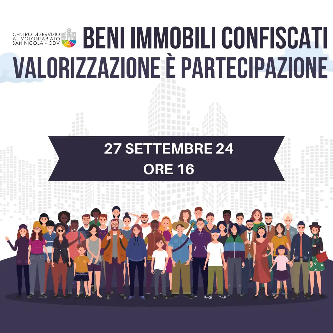 Beni immobili confiscati, valorizzazione è partecipazione Venerdì 27 Settembre 2024 dalle 16:00 alle 18:00, il Centro di Servizio al Volontariato San Nicola – OdV invita gli enti di Terzo settore al tavolo di lavoro “Beni immobili confiscati, valorizzazione è partecipazione”, in via Vitantonio di Cagno 30 a Bari. Progetto del CSV San Nicola in collaborazione con Libera Puglia, Cooperativa sociale Semi di Vita e Prefettura di Bari. L’incontro mira a stimolare la partecipazione del Terzo settore per migliorare l’assegnazione e la valorizzazione sociale degli immobili confiscati alla criminalità.