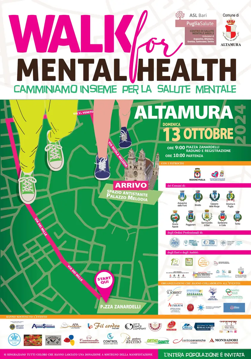 Domenica 13 Ottobre 2024 dalle 9:00 alle 13:00, in occasione della Giornata Mondiale della Salute Mentale, il Centro di Salute Mentale Area 2 della ASL Bari, in collaborazione con il Comune di Altamura, organizza la camminata di sensibilizzazione “Walk for Mental Health: camminiamo insieme per la salute mentale”, con punto di ritrovo in piazza Zanardelli ad Altamura.