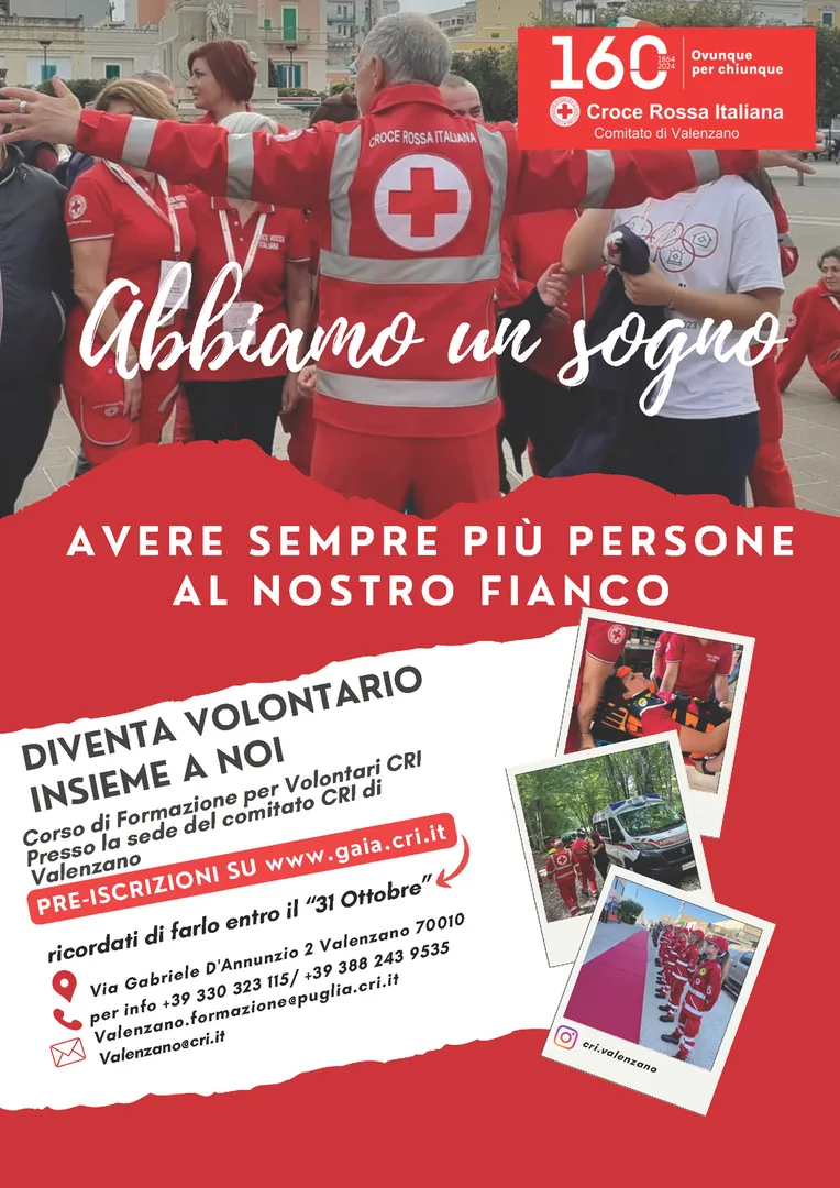 La Croce Rossa Italiana Comitato di Valenzano O.D.V. promuove il Corso base 2024 per diventare volontario della Croce Rossa Italiana che si terrà presso la sede dell'associazione in via G. D’Annunzio 2 a Valenzano. Pre-iscriviti entro il 31 Ottobre 2024 al seguente link: gaia.cri.it