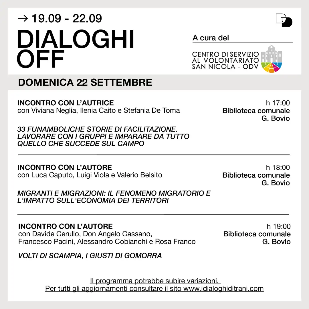 Dal 19 al 22 Settembre 2024 torna “Dialoghi Off”, presso la Biblioteca Comunale Giovanni Bovio di Trani, rassegna curata dal Centro di Servizio al Volontariato San Nicola – OdV all'interno della 23ª edizione de “I Dialoghi di Trani - Accogliere”