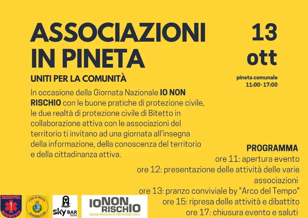 Domenica 13 Ottobre 2024 dalle 11:00 alle 17:00, in contemporanea con le altre città italiane, Emervol Bitetto OdV e il Gruppo Comunale Volontari di Protezione Civile Città di Bitetto promuovono la campagna “Io non rischio – Buone pratiche di protezione civile” in via Beato Giacomo a Bitetto, per scoprire cosa ciascuno di noi può fare per ridurre i rischi sul proprio territorio.