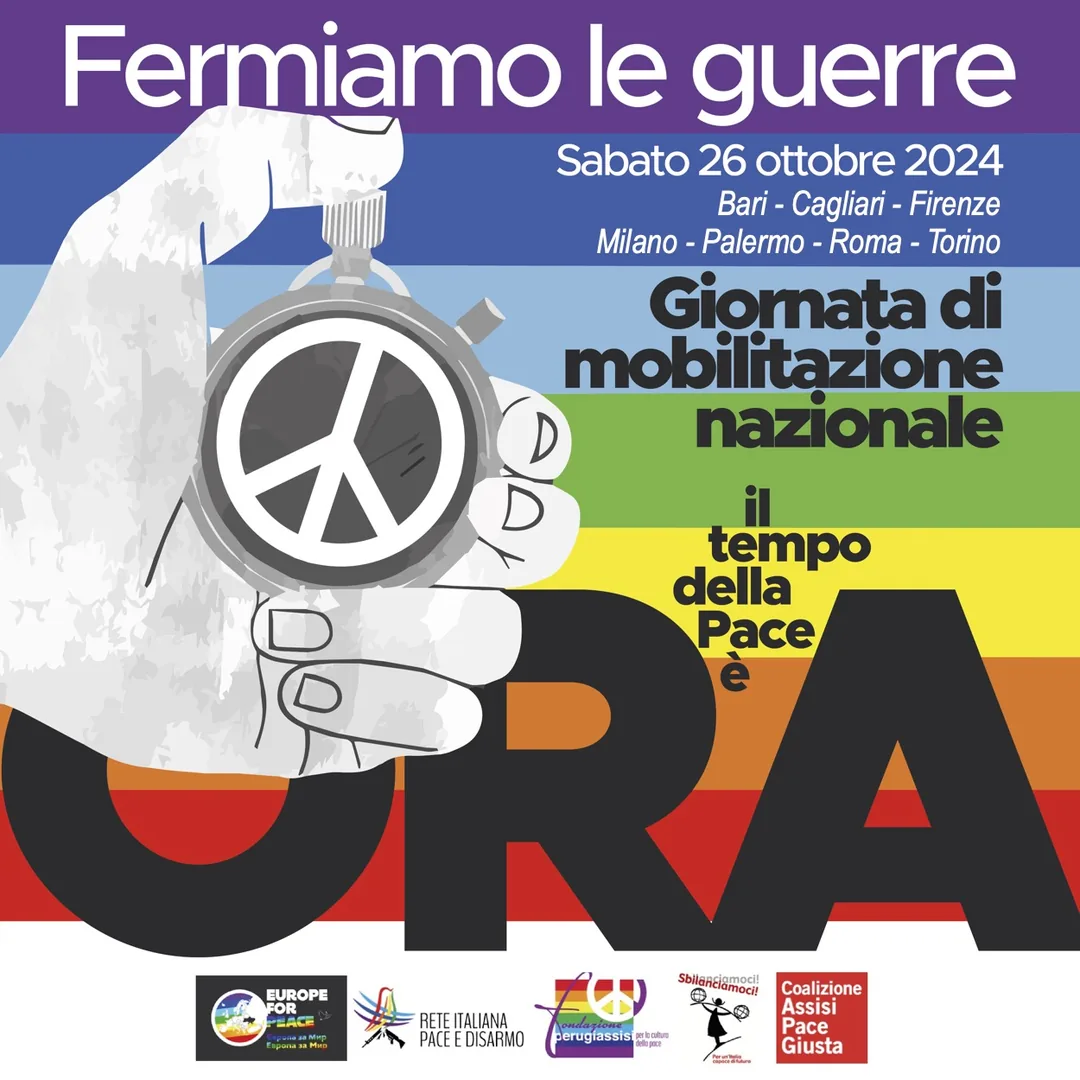 Sabato 26 Ottobre 2024, Europe for Peace - Rete Italiana Pace e Disarmo promuove in tutta Italia la Giornata di mobilitazione nazionale “Fermiamo le guerre, il tempo della Pace è ora!”. A Bari il ritrovo è previsto in piazza Massari alle 9:30 con corteo fino a piazza Libertà (Prefettura).