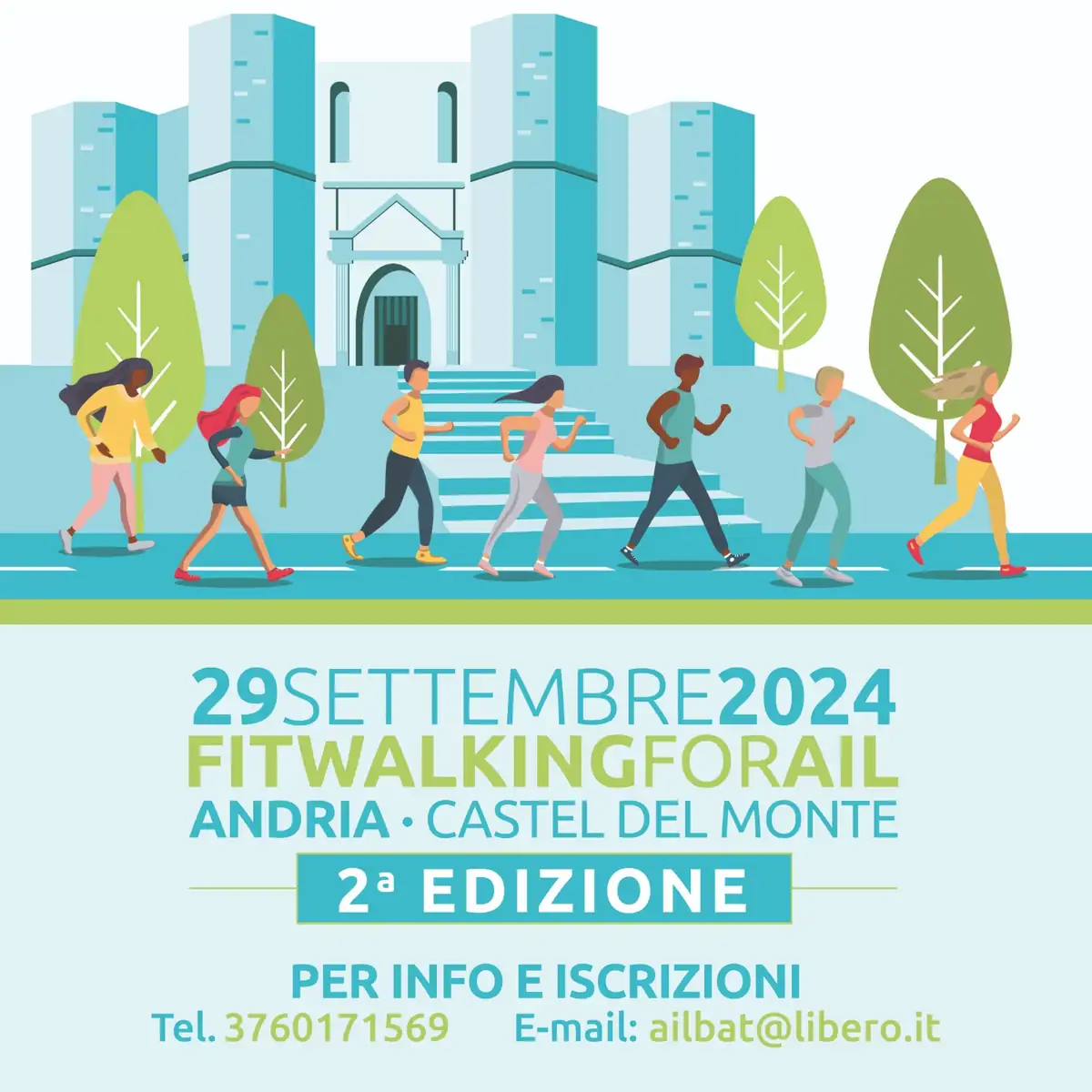 L'associazione AIL Bat organizza la 2ª edizione locale della “Fit Walking for AIL” nata per celebrare la Giornata Mondiale della della Leucemia Mieloide Cronica. L'appuntamento è per domenica 29 Settembre 2024 alle 10:00 a Castel del Monte, con partenza dal Centro Accoglienza Turistica S.S. 170, di fronte Chiesa Santa Maria del Monte ad Andria. Con il patrocinio del Comune di Andria e dell’Asl BAT.