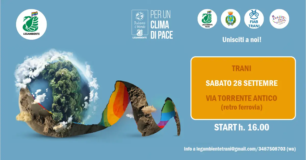 Legambiente Trani Puliamo Mondo clean-up 2024 Sabato 28 Settembre 2024 alle 16:00, in occasione della 32ª edizione della campagna nazionale “Puliamo il mondo”, Legambiente Trani APS invita la cittadinanza a un'attività di clean-up nel centro cittadino di Trani, presso via Torrente Antico (retro della Ferrovia). Le attività organizzate dal gruppo giovanile di Legambiente saranno svolte in sicurezza e sono adatte al coinvolgimento di bambin* e ragazz*. In collaborazione con Il Colore degli Anni, Fiab Trani e con il supporto logistico di AMIU Trani.