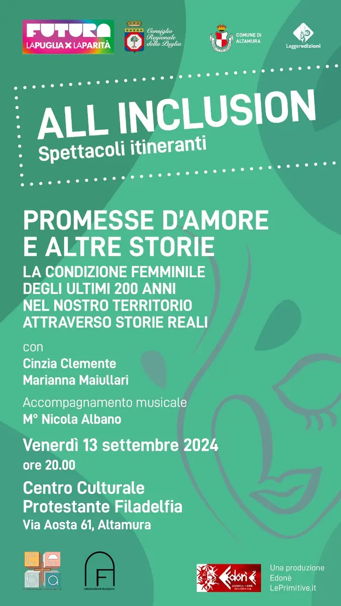 Venerdì 13 Settembre 2024 alle 20:00, Leggeredizioni APS promuove lo spettacolo “Promesse d’amore e altre storie” presso il Centro Culturale Protestante Filadelfia in via Aosta 61 ad Altamura. Ingresso gratuito.