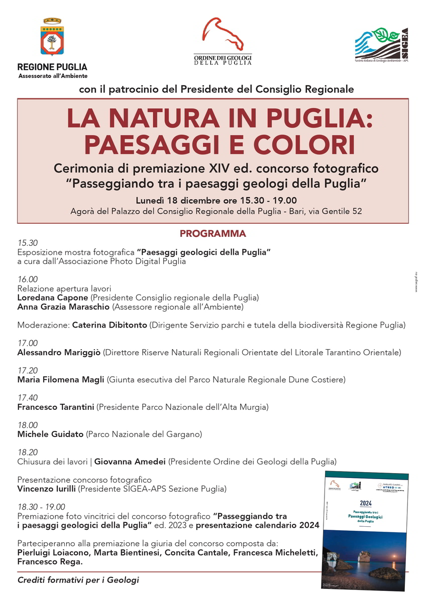 Locandina premiazione concorso paesaggi geologici Puglia