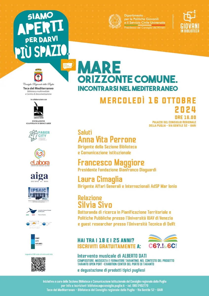 Mercoledì 16 Ottobre 2024 alle 16:00, nella Teca del Mediterraneo – Biblioteca del Consiglio regionale della Puglia si tiene “Mare Orizzonte Comune. Incontrarsi nel Mediterraneo”, settimo incontro del progetto “C6?.! Le 6 C – Giovani in Biblioteca”, un ciclo di 30 incontri che si svolgono nei prossimi mesi, in cui destinatari e protagonisti sono i giovani dai 18 ai 25 anni. L'incontro si tiene nel Palazzo del Consiglio in via Gentile 52 a Bari.