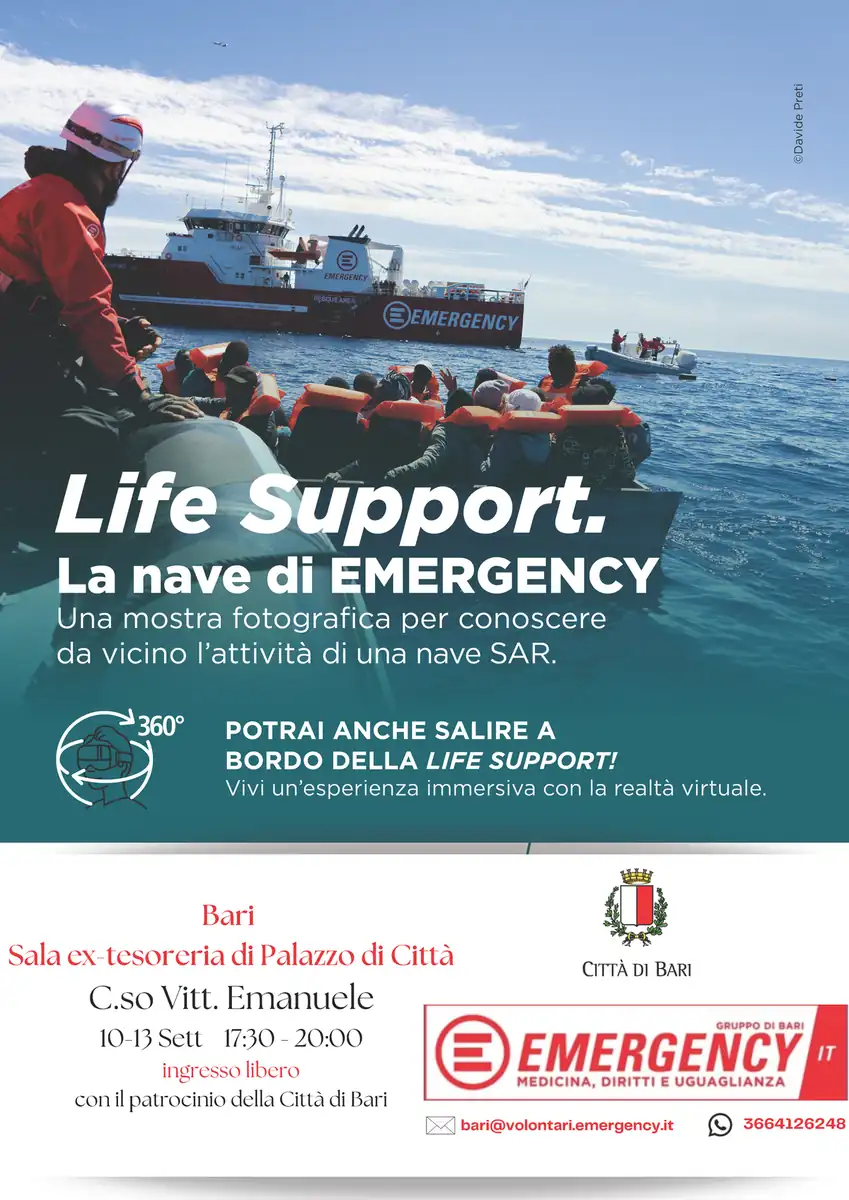 Dal 10 al 14 Settembre 2024, si celebrano a Bari i 30 anni di Emergency, con momenti culturali, sportivi e ludici in condivisione con altre organizzazioni del territorio, per fare rete e promuovere l'associazionismo locale. Con il patrocinio del Comune di Bari.