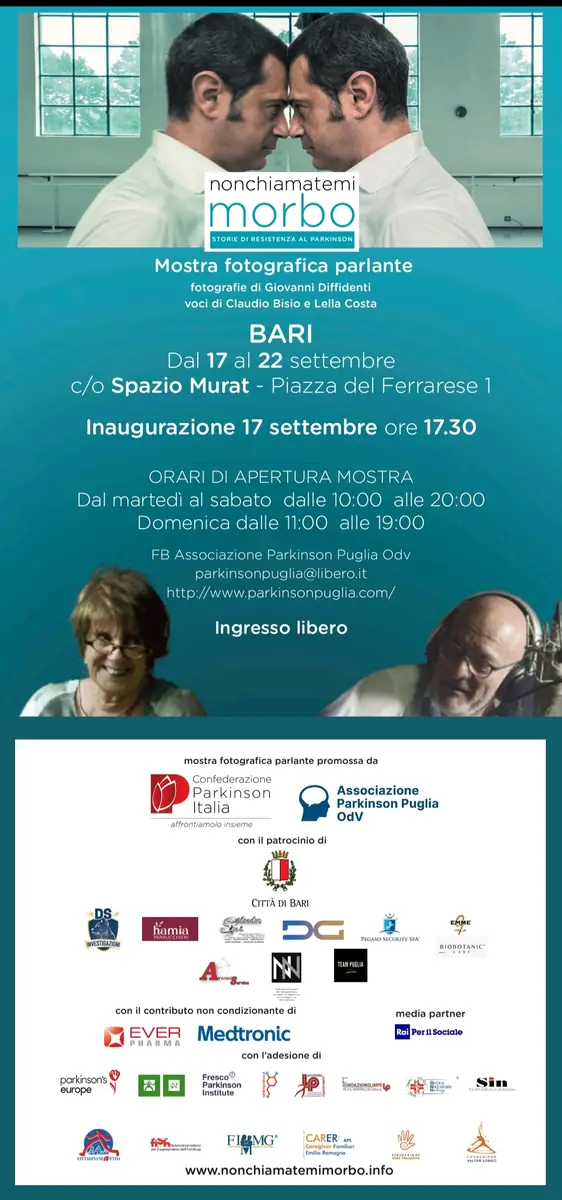 Martedì 17 Settembre 2024 alle 17:30, l'Associazione Parkinson Puglia OdV presenta la Mostra fotografica “nonchiamatemimorbo - Storie di resistenza al Parkinson” visitabile fino a domenica 22 Settembre, presso Spazio Murat in Piazza del Ferrarese a Bari. Con il patrocinio del Comune di Bari. Ingresso libero e gratuito.