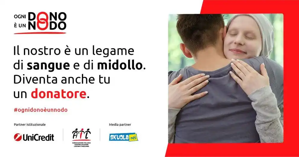 “Ogni Dono è un Nodo” è la campagna di sensibilizzazione AIL dedicata alla donazione di sangue e di cellule staminali emopoietiche, realizzata grazie al sostegno di UniCredit, partner istituzionale AIL, e con la media partnership di Skuola.net.