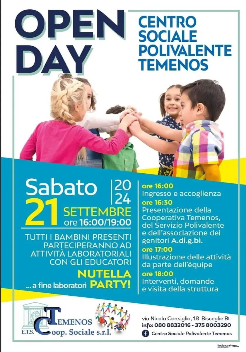 Sabato 21 Settembre 2024 alle 16:30, in occasione dell'Open day del Centro sociale polivalente Temenos, sarà presentata al pubblico l'associazione A.di.g.bi. OdV (Associazione disabili genitori biscegliesi), in via Nicola Consiglio18 a Bisceglie.