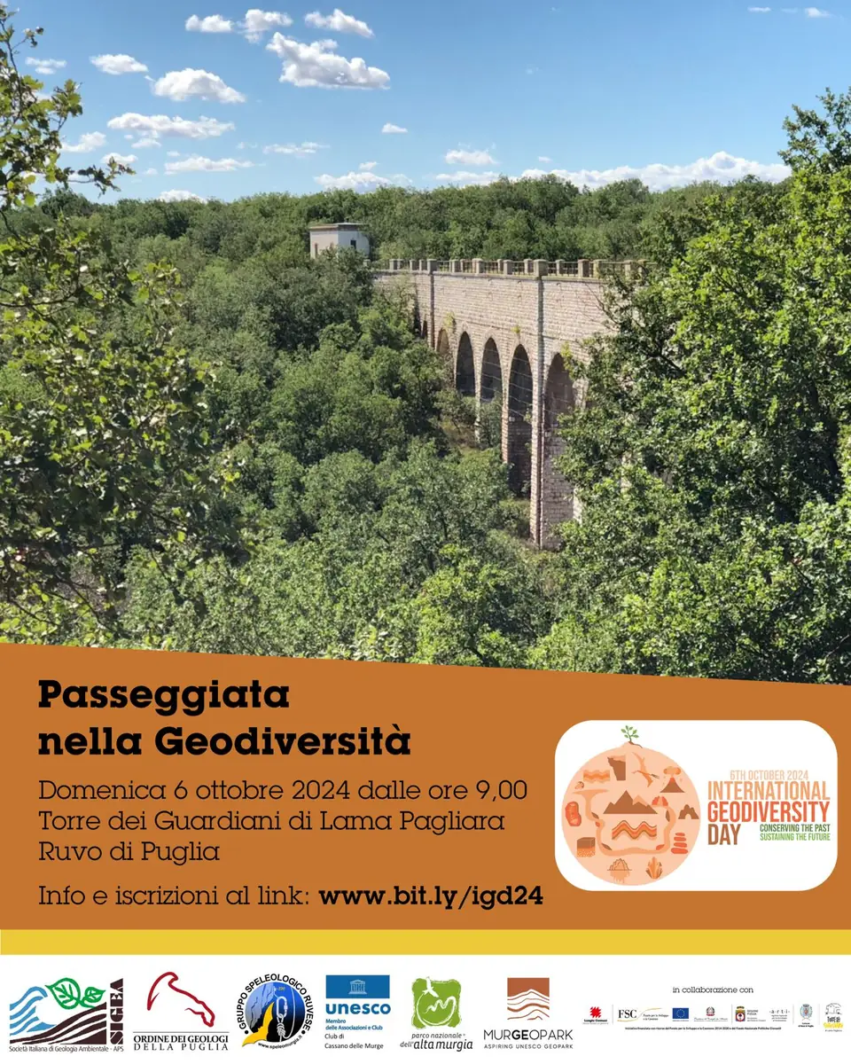 Domenica 6 Ottobre 2024 dalle 9:00, in occasione della Giornata Internazionale della Geodiversità, SIGEA-APS propone “Passeggiata nella Geodiversità”, presso la Torre dei Guardiani di Lama Pagliara a Ruvo di Puglia. Il programma comprende una mattinata in esplorazione alla scoperta della geodiversità e un pomeriggio di comunicazioni nella sede del Progetto NODI, mentre i ragazzi potranno partecipare a un “GeoLab” organizzato dal Club per l’UNESCO di Cassano delle Murge. L’evento si svolge nel territorio del Parco Nazionale dell’Alta Murgia recentemente riconosciuto dall’UNESCO come dodicesimo Geoparco italiano, il “MurGEopark”.