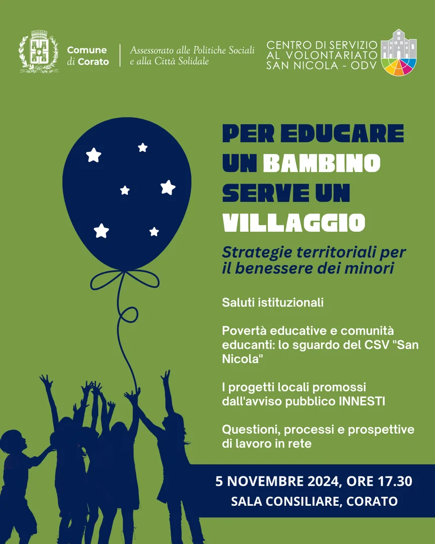 Martedì 5 Novembre 2024 alle 17:30, l'Assessorato alle Politiche Sociali e alla Città Solidale del Comune di Corato e il Centro di Servizio al Volontariato San Nicola OdV organizzano l'incontro “Per crescere un bambino serve un villaggio”, presso la Sala Consiliare del Comune di Corato.