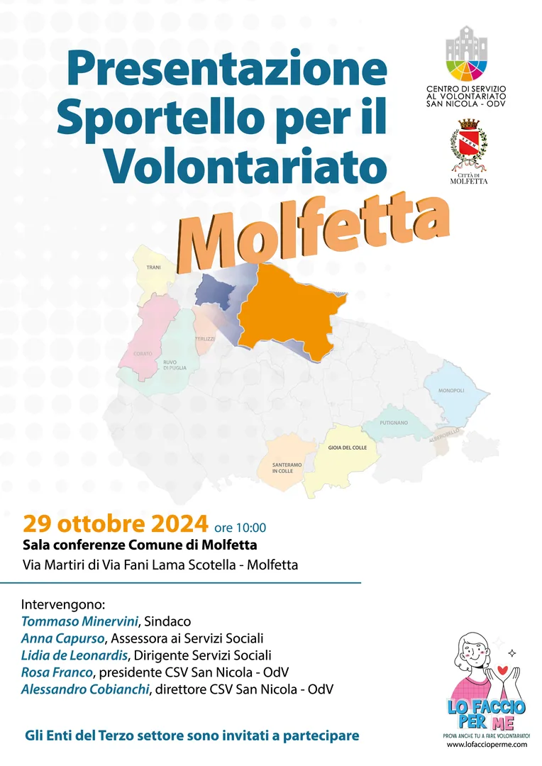 Martedì 29 Ottobre 2024 alle 10:00, presentiamo alla cittadinanza il nuovo Sportello per il Volontariato di Molfetta, nella Sala conferenza del Comune, in via Martiri di Via Fani Lama Scotella.