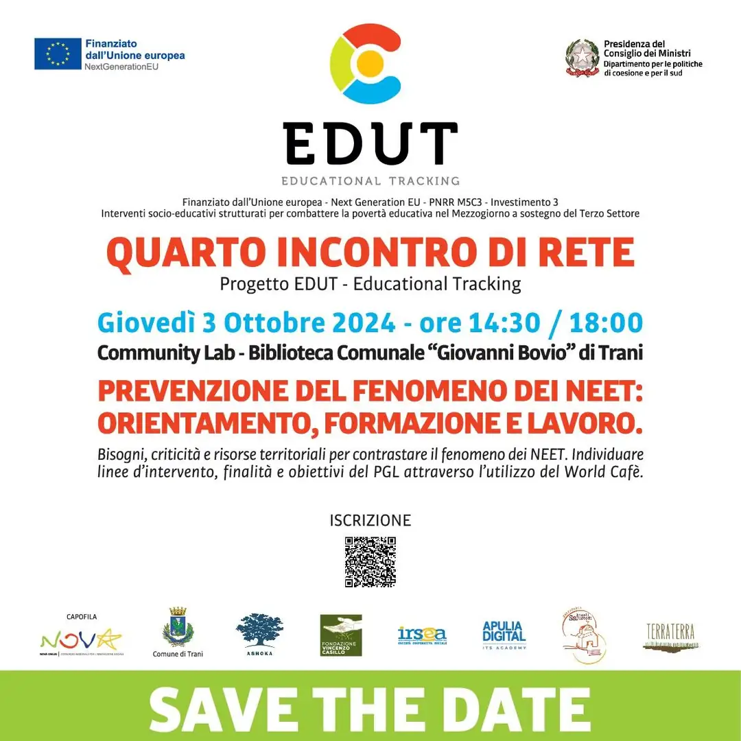 Giovedì 3 Ottobre 2024 dalle 14:30 alle 18:00, nell’ambito del progetto EDUT – Educational Tracking, Nova Onlus Consorzio di Coop. Soc., in qualità di ente capofila, promuove il quarto incontro di rete dal titolo “Prevenzione del fenomeno dei Neet: orientamento, formazione e lavoro – Bisogni, criticità e risorse territoriali per contrastare il fenomeno dei NEET. Individuare linee d’intervento, finalità e obiettivi del PGL attraverso l’utilizzo del World Cafè”, nella Sala Community Lab della Biblioteca Comunale “Giovanni Bovio” di Trani.