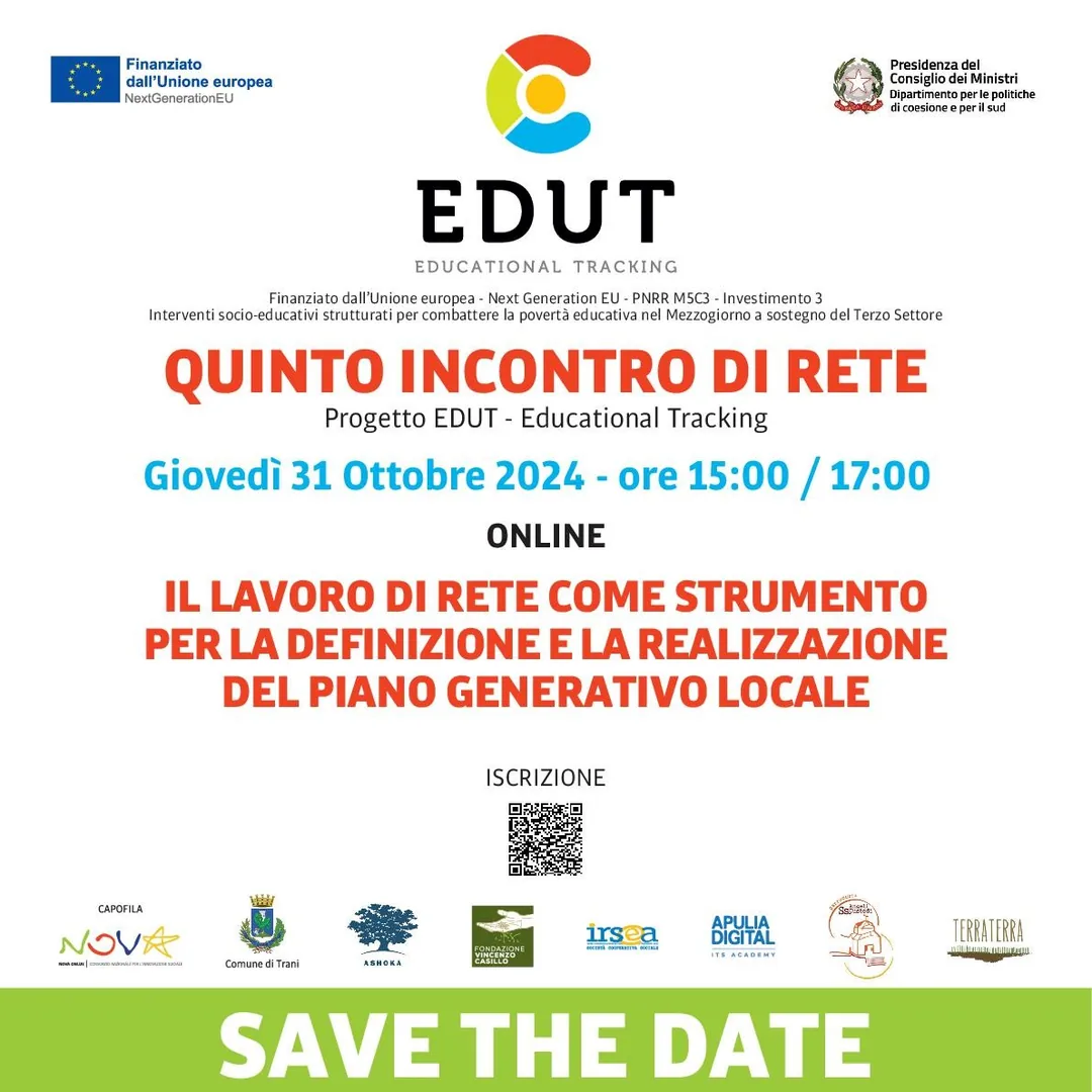 Giovedì 31 Ottobre 2024 dalle 15:00 alle 17:00, nell’ambito del progetto EDUT – Educational Tracking, Nova Onlus Consorzio di Coop. Soc., in qualità di ente capofila, promuove il quinto incontro di rete on line dal titolo “Il lavoro di rete come strumento per la definizione e la realizzazione del Piano Generativo Locale”, nella Sala Community Lab della Biblioteca Comunale “Giovanni Bovio” di Trani.