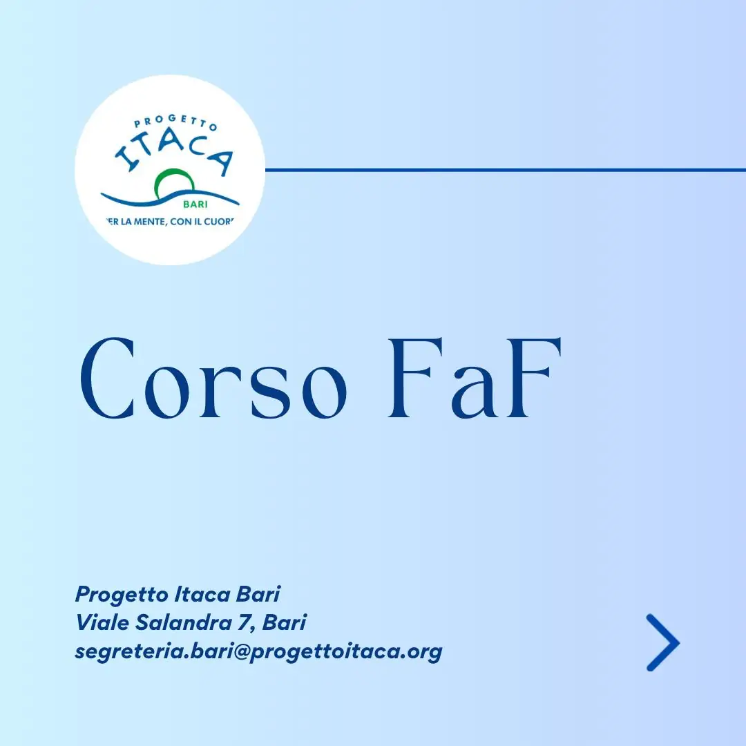 Nel mese di Settembre, Progetto Itaca Bari OdV avvia due edizioni del corso di formazione “Famiglia a Famiglia”, in viale Salandra 7 a Bari, presso la sede dell'associazione. Si tratta di uno dei servizi che Progetto Itaca Bari OdV propone in supporto della promozione della salute mentale e dei disturbi di natura psichiatrica.