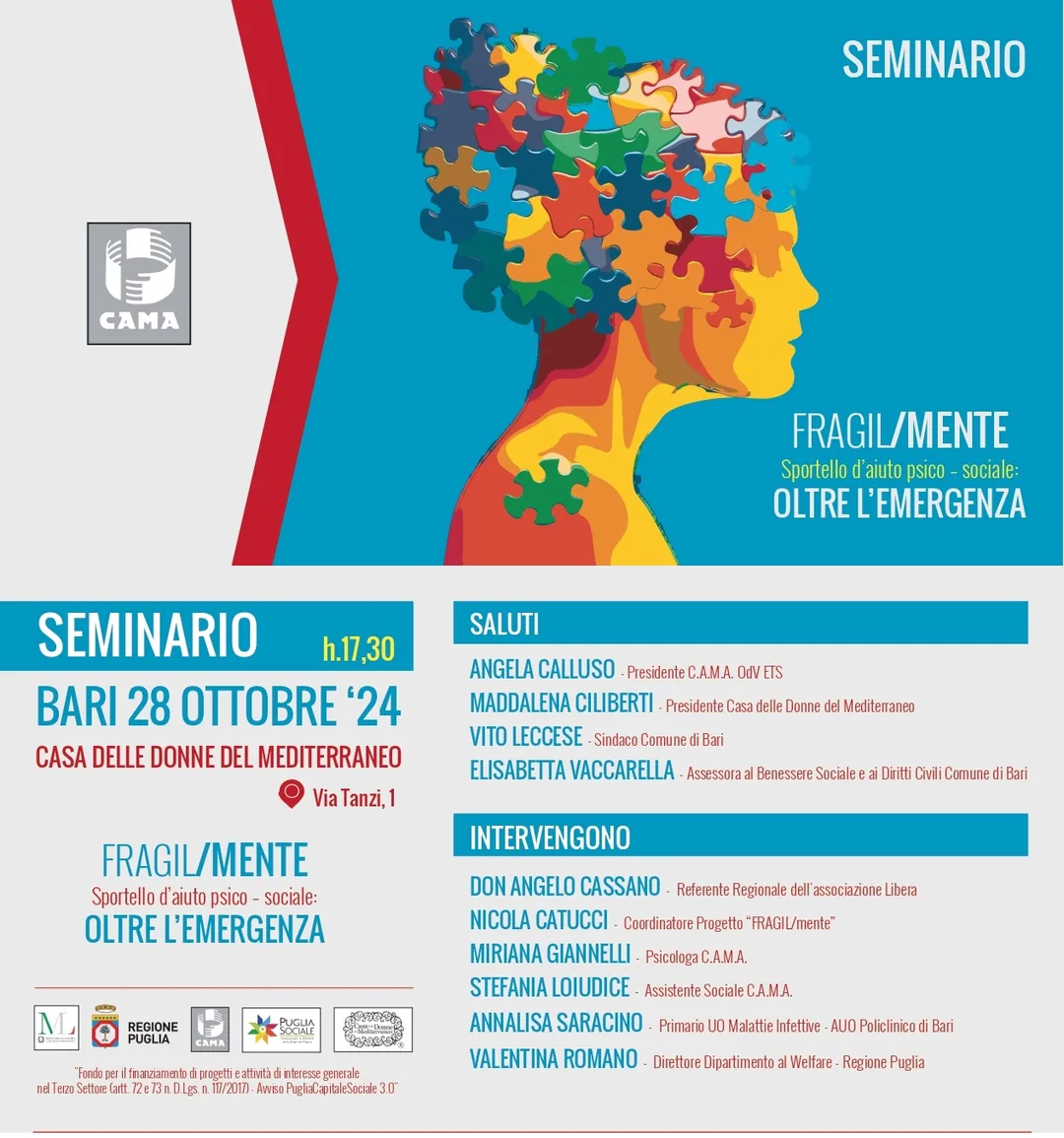 Venerdì 28 Ottobre 2024 alle 17:30, il Centro Assistenza Malati Aids – OdV organizza il seminario “Sportello d’aiuto psico-sociale: Oltre l’emergenza”, presso la Casa delle Donne del Mediterraneo in via Tanzi 1 a Bari. Durante l’incontro saranno presentati i dati raccolti dopo un anno di attività, in cui le operatrici dello sportello hanno offerto supporto a persone che vivono con l'HIV e che affrontano il distress psicologico, aggravato dalla mancanza di spazi di socializzazione, soprattutto a causa della pandemia da Covid-19.