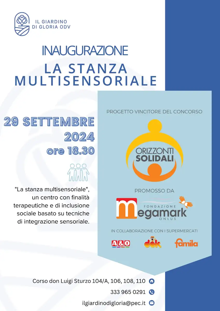 Domenica 29 Settembre 2024 alle 18:30, Il giardino di Gloria – OdV presenta alla cittadinanza la “Stanza Multisensoriale” in Corso Don Luigi Sturzo 104/A a Trani. La cittadinanza è invitata. Ingresso libero. Uno spazio dove è possibile sperimentare, scoprire e muoversi, nel proprio mondo sensoriale, unico e irripetibile. Un luogo dove sentirsi parte dell’universo attraverso i propri sensi. Un posto che genera quel benessere dal sapore terapeutico.