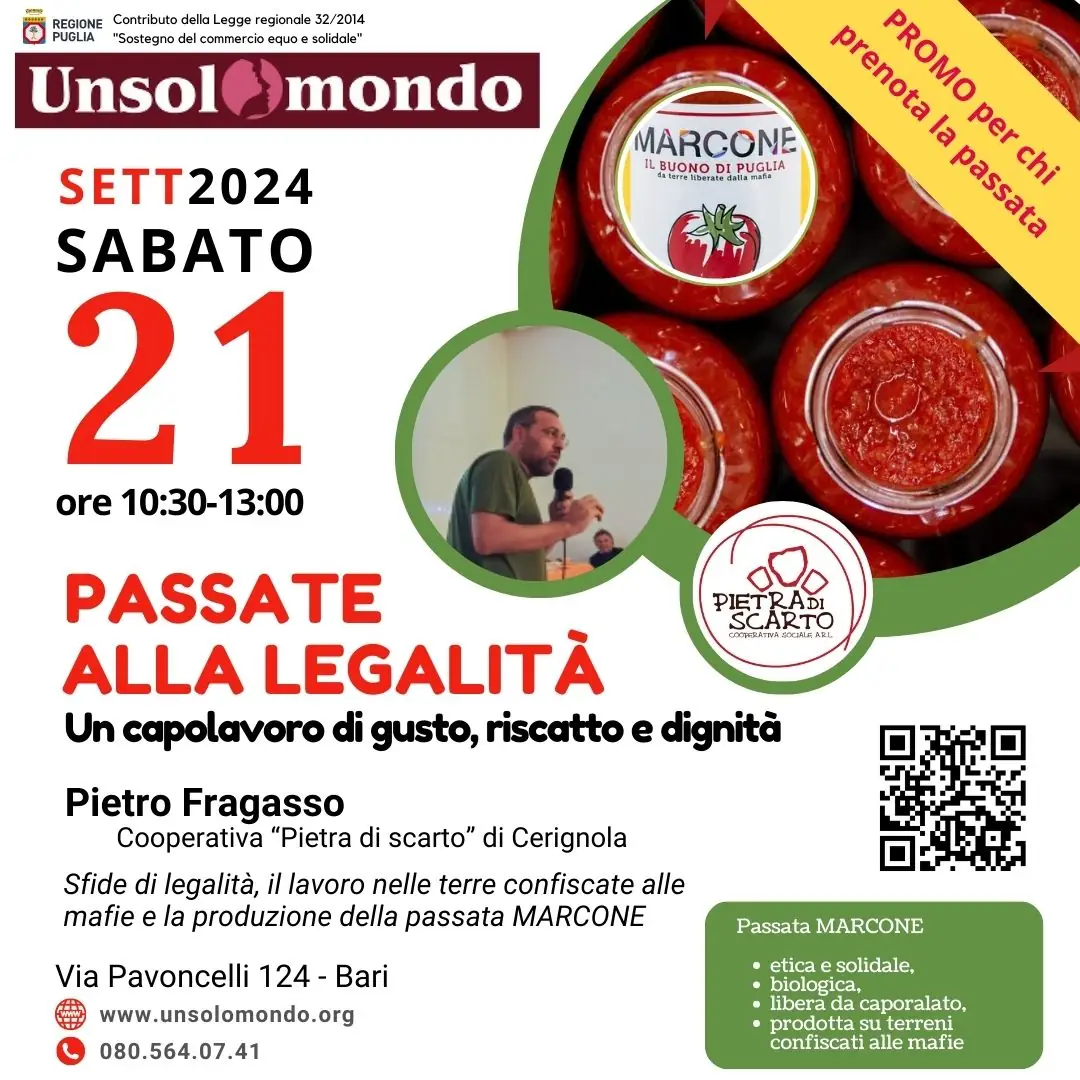 Sabato 21 Settembre 2024 dalle 10:30 alle 13:00, la Cooperativa Sociale Unsolomondo, in collaborazione con la Cooperativa Sociale “Pietra di Scarto” di Cerignola, organizza “Passate alla legalità. Un capolavoro di gusto, riscatto e dignità” in via Pavoncelli 124 a Bari.