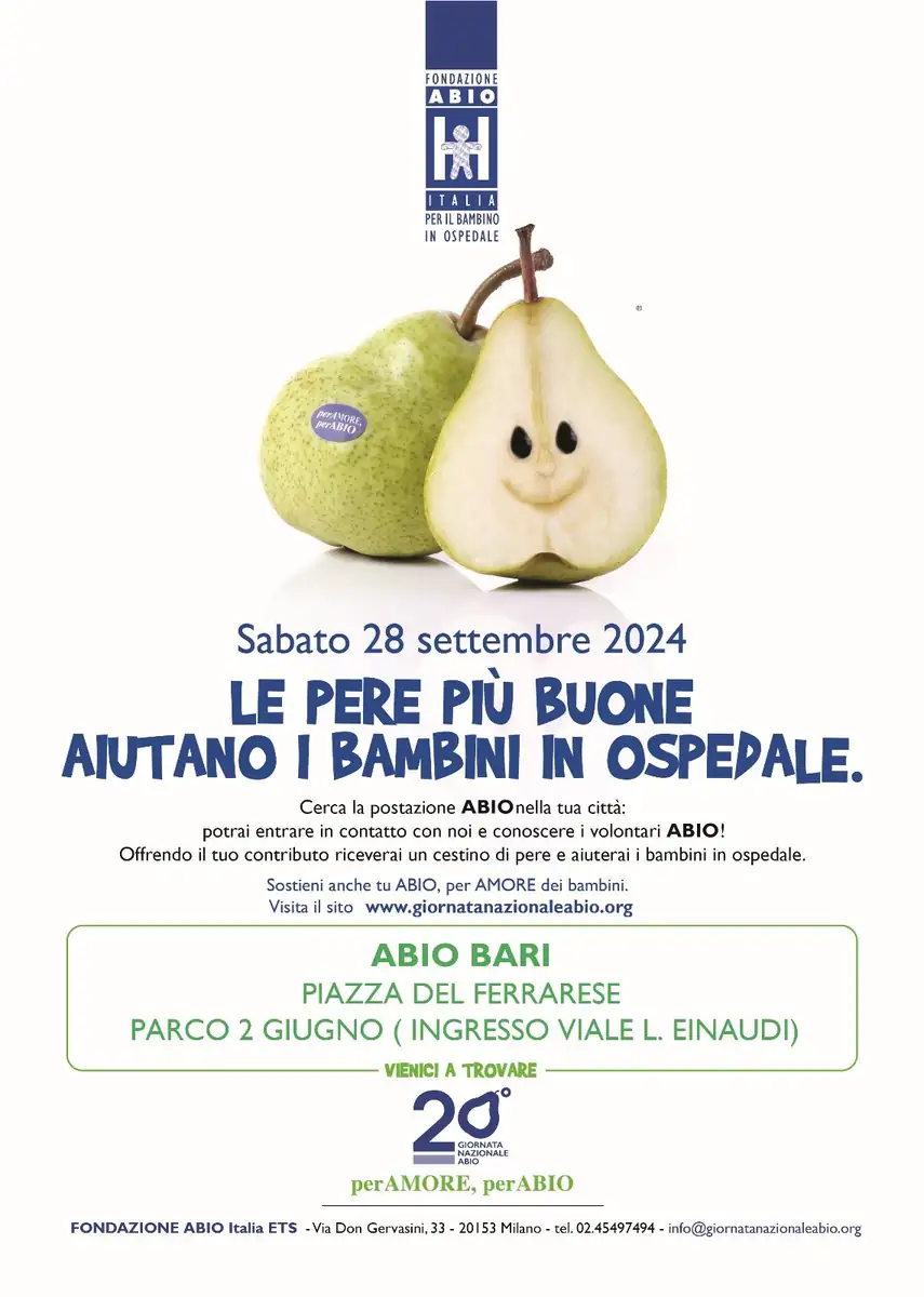 Sabato 28 Settembre 2024 torna la Giornata Nazionale ABIO, l’evento più importante per l’Associazione per il Bambino In Ospedale, da sempre al fianco dei bambini, degli adolescenti e delle loro famiglie in ospedale. Puoi incontrare i volontari ABIO Bari OdV in Piazza del Ferrarese e al Parco 2 Giugno (ingresso viale Luigi Einaudi) e ascoltare le loro esperienze presso l'ospedale Pediatrico Giovanni XXIII. Puoi sostenere ABIO con un’offerta di 10€ ricevendo un cestino di ottime pere: simbolo della Giornata.. Inoltre, sono aperte le iscrizioni al nuovo corso di formazione per aspiranti volontari che si terrà venerdì 11 Ottobre 2024