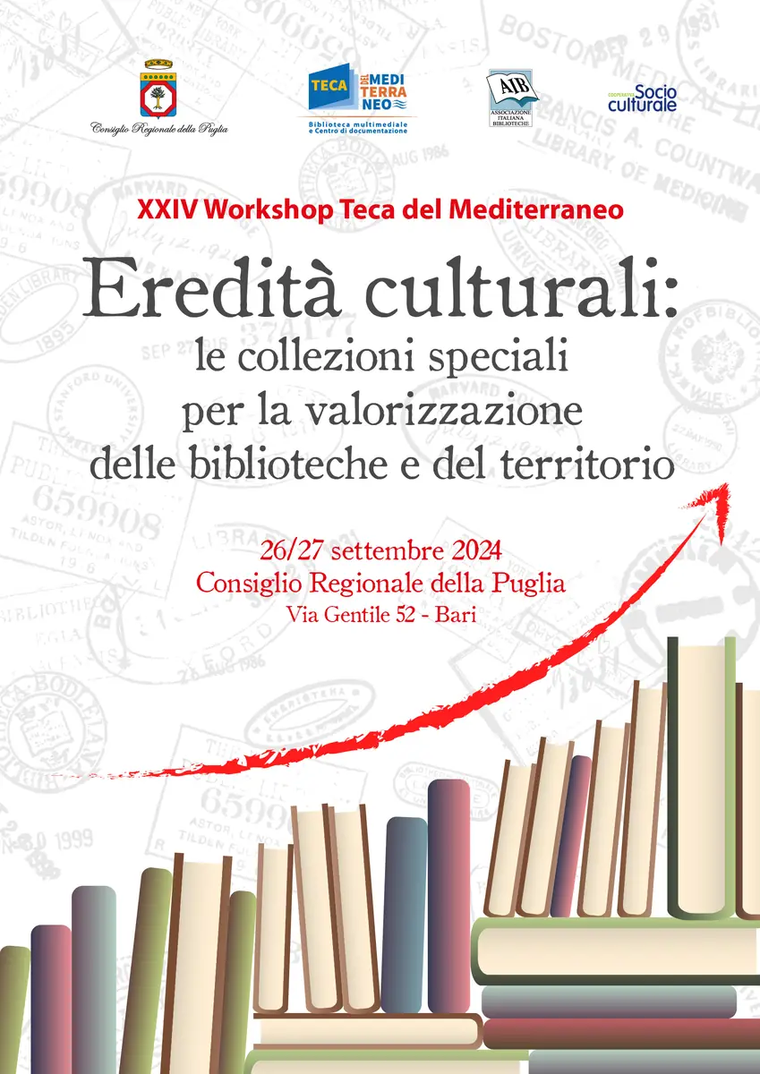 Giovedì 26 e venerdì 27 Settembre 2024, si tiene la 24ª edizione del Workshop Teca del Mediterraneo “Eredità culturali: le collezioni speciali per la valorizzazione delle biblioteche e del territorio”, presso il Consiglio Regionale della Puglia, in via Gentile a Bari.